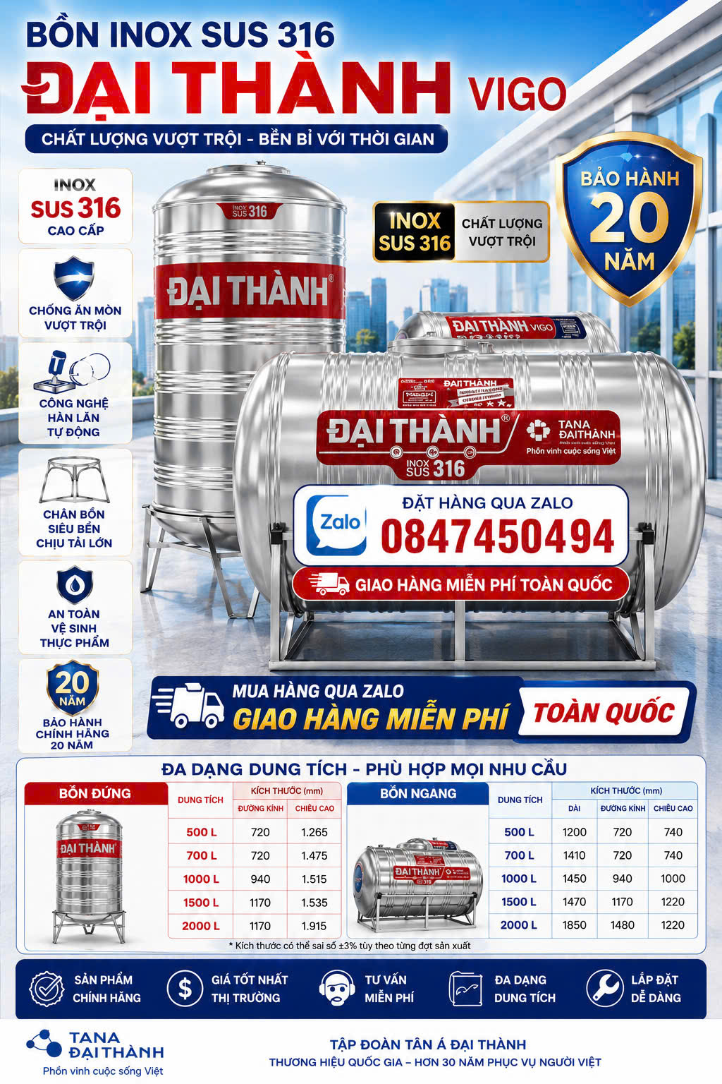 BỒN 1000L ĐỨNG INOX 316 ĐẠI THÀNH VIGO siêu cao cấp inox tốt nhất 1 khối đứng đại thành bảo hành 20 năm giao miễn phí Toàn Quốc